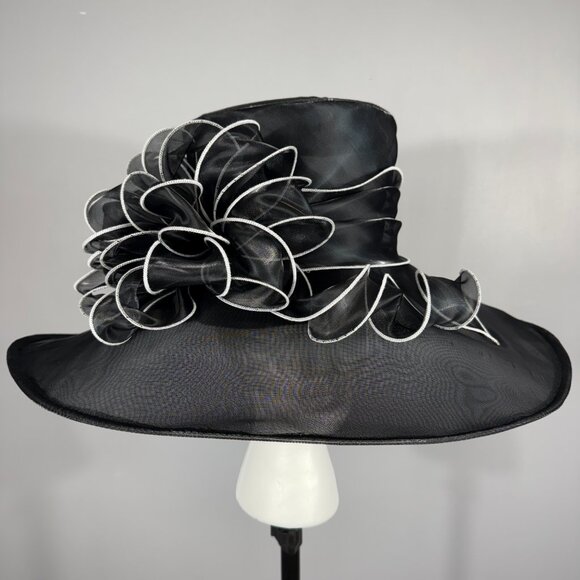 Black Hat with large elegant bow trimmed with white stitching! Stunning!